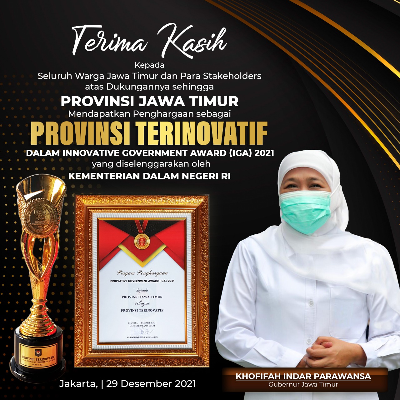 Terima Penghargaan IGA Awards, Gubernur Khofifah Minta ASN Jatim Makin Percepat Layanan Publik dan Kesejahteraan Masyarakat