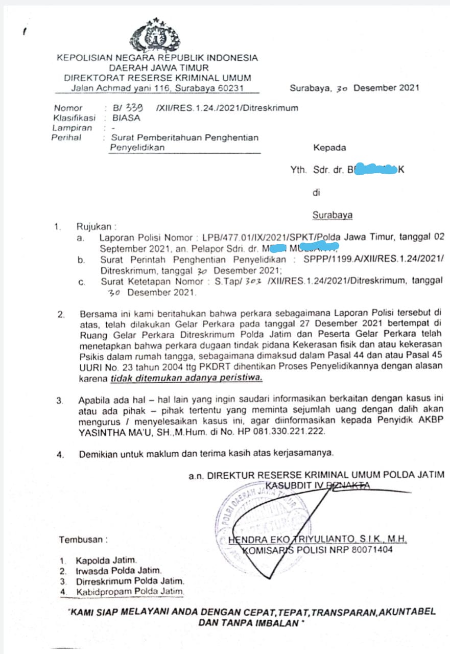 Polda Jatim Keluarkan Surat SP3 Perkara KDRT