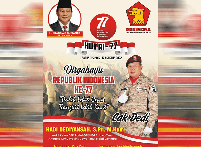 Anggota DPRD Jatim Fraksi Gerinda, Hadi Dediyansah Mengucapkan, Dirgahayu Republik Indonesia ke-77 1