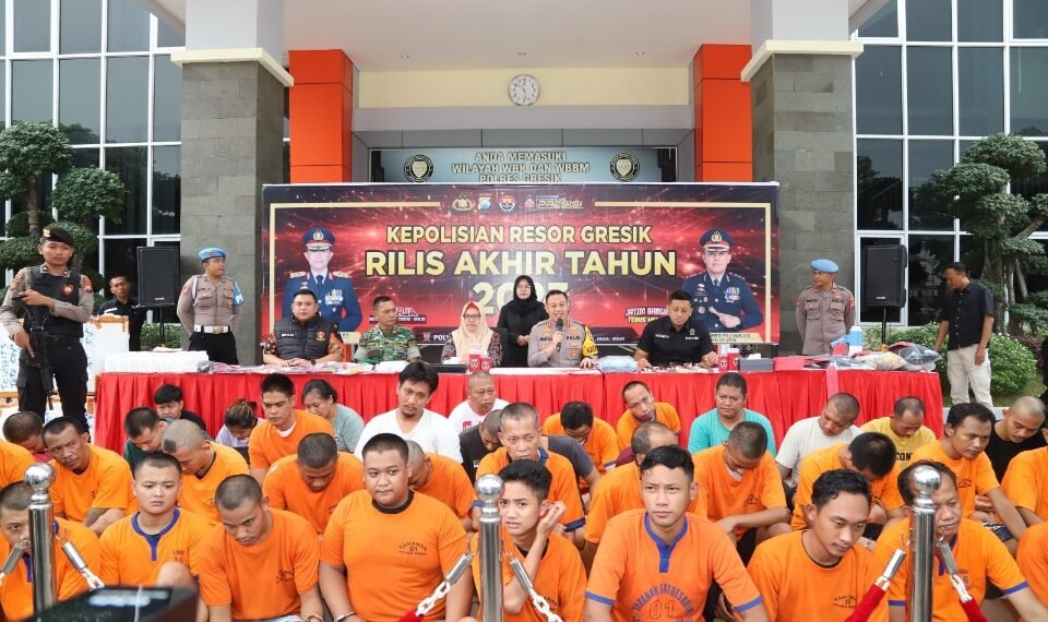 Polres Gresik saat memamerkan tersangka saat press release
