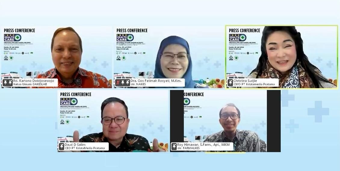 Konferensi pers via zoom pameran Indo Health Care Gakeslab Expo 2024, Kamis (25/7/2024). (foto: ist)