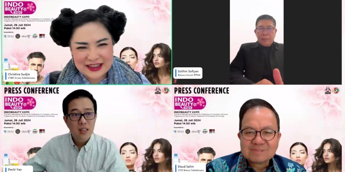 Konferensi pers via zoom pameran industri kecantikan "IndoBeauty Expo 2024" mulai 31 Juli – 2 Agustus 2024 di Hall C1 dan C2 Jakarta International Expo (JIEXPO), Kemayoran, Jakarta. (foto: ist)