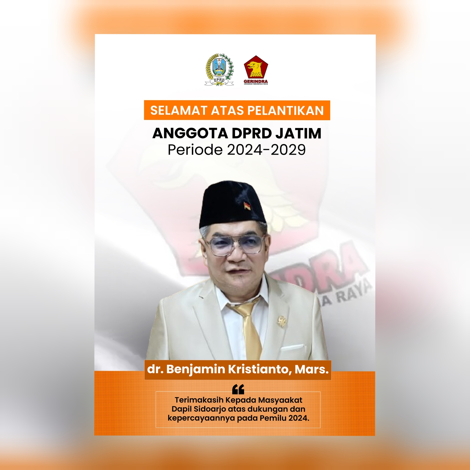 dr. Benjamin Kristianto, Mars Mengucapkan, Selamat Atas Pelantikan Anggota DPRD Jatim Periode 2024-2029 4