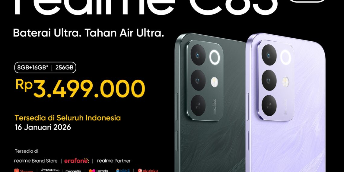 Penjualan perdana realme C85 5G dimulai pada 16 Januari 2026, dengan harga resmi Rp3.499.000. (foto: ist)