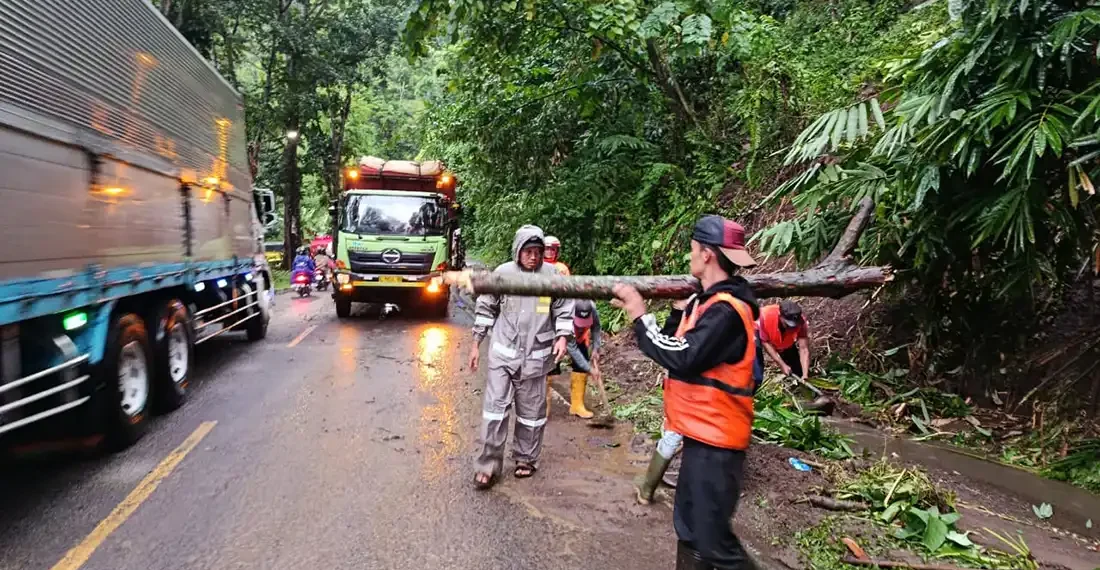 Tebing di Bawah Patung Gandrung Longsor, Polsek Kalibaru Amankan Jalur Nasional KM 238 1 Personel Polsek Kalibaru gerak cepat membersihkan material longsor yang menutupi jalan (Ist)